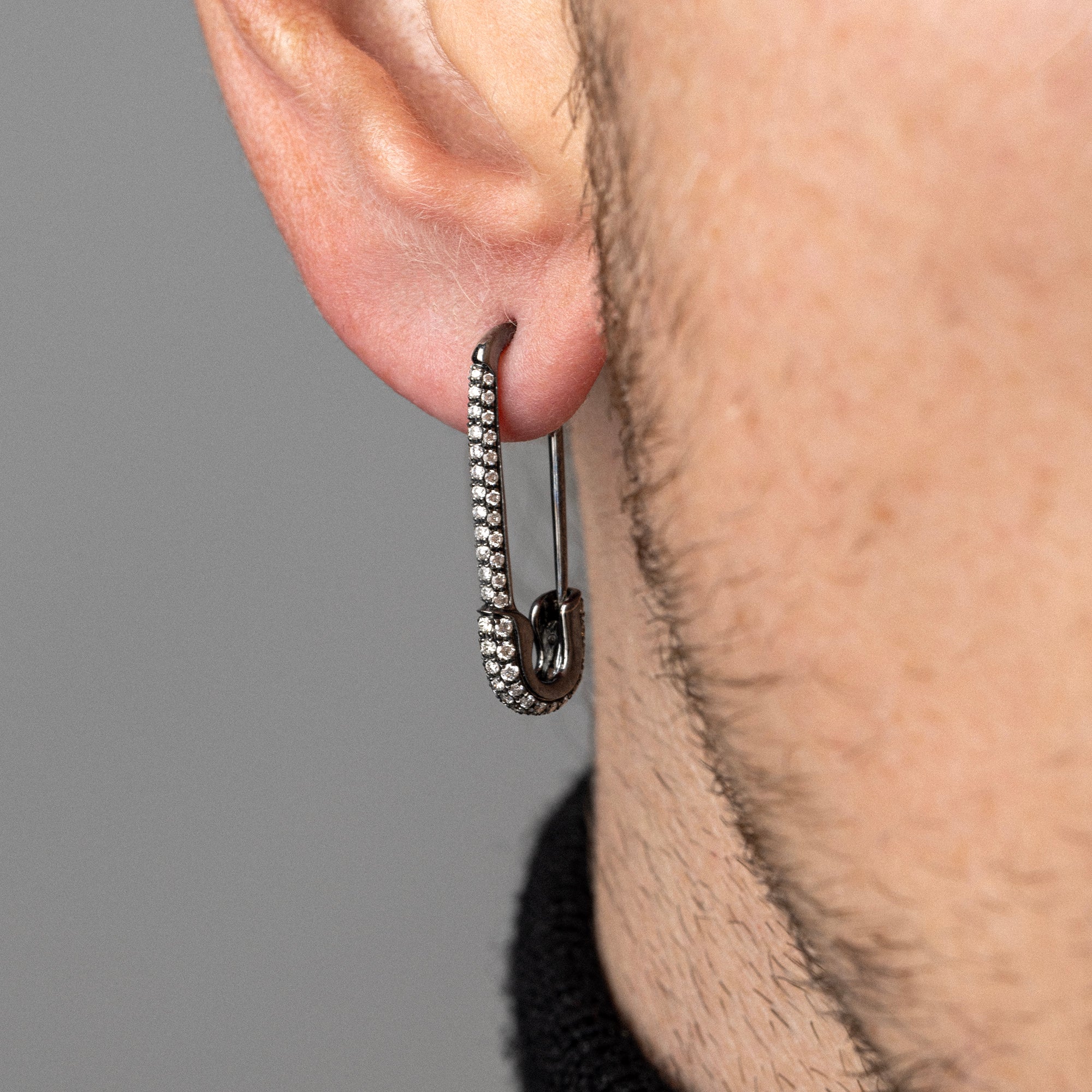 Safety Pin Earring Black Gold and White Diamonds