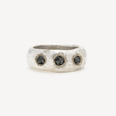 Silver Ring Three Rough Black Diamonds