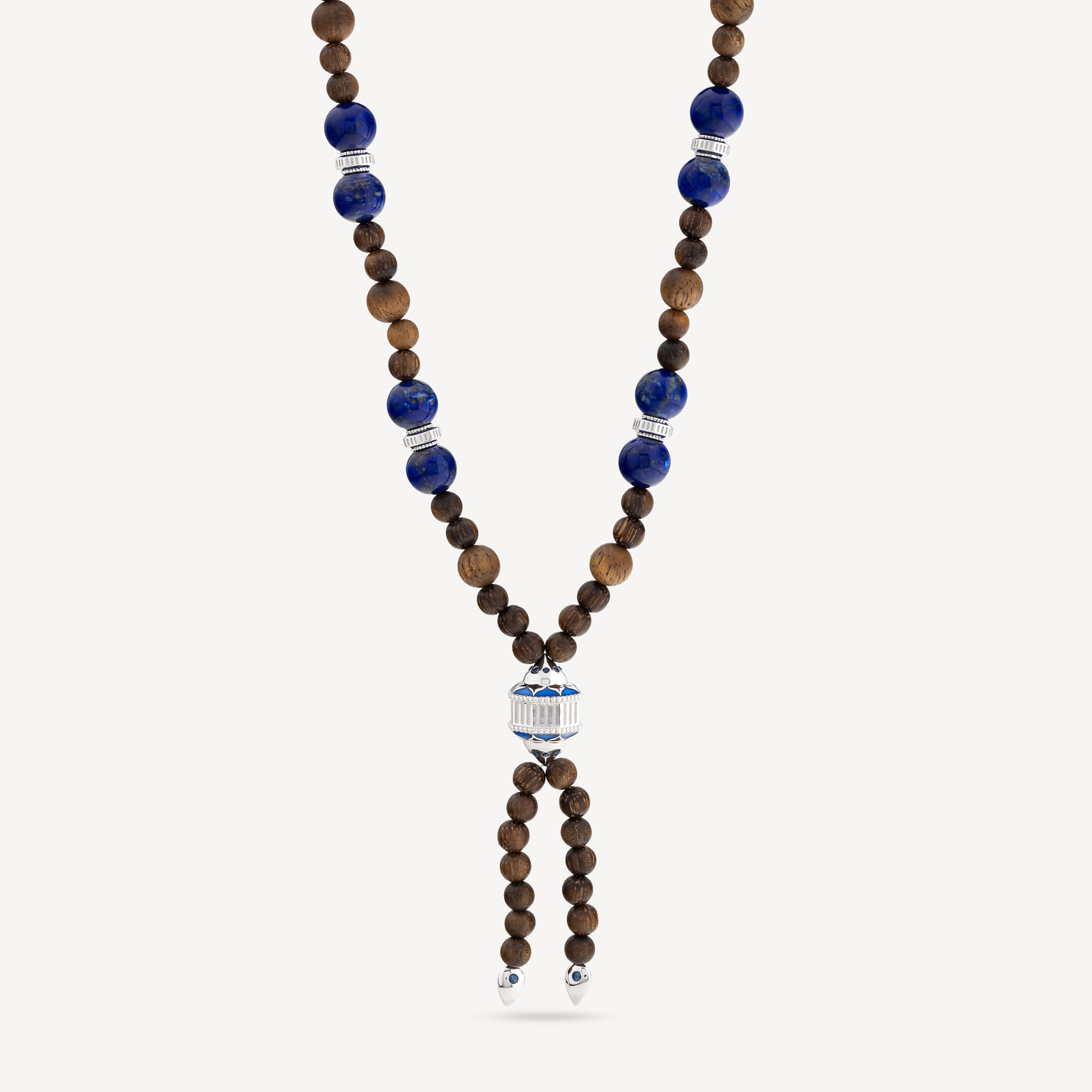 Mala Wood Necklace Blue Sapphires Lapis