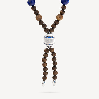 Mala Wood Necklace Blue Sapphires Lapis