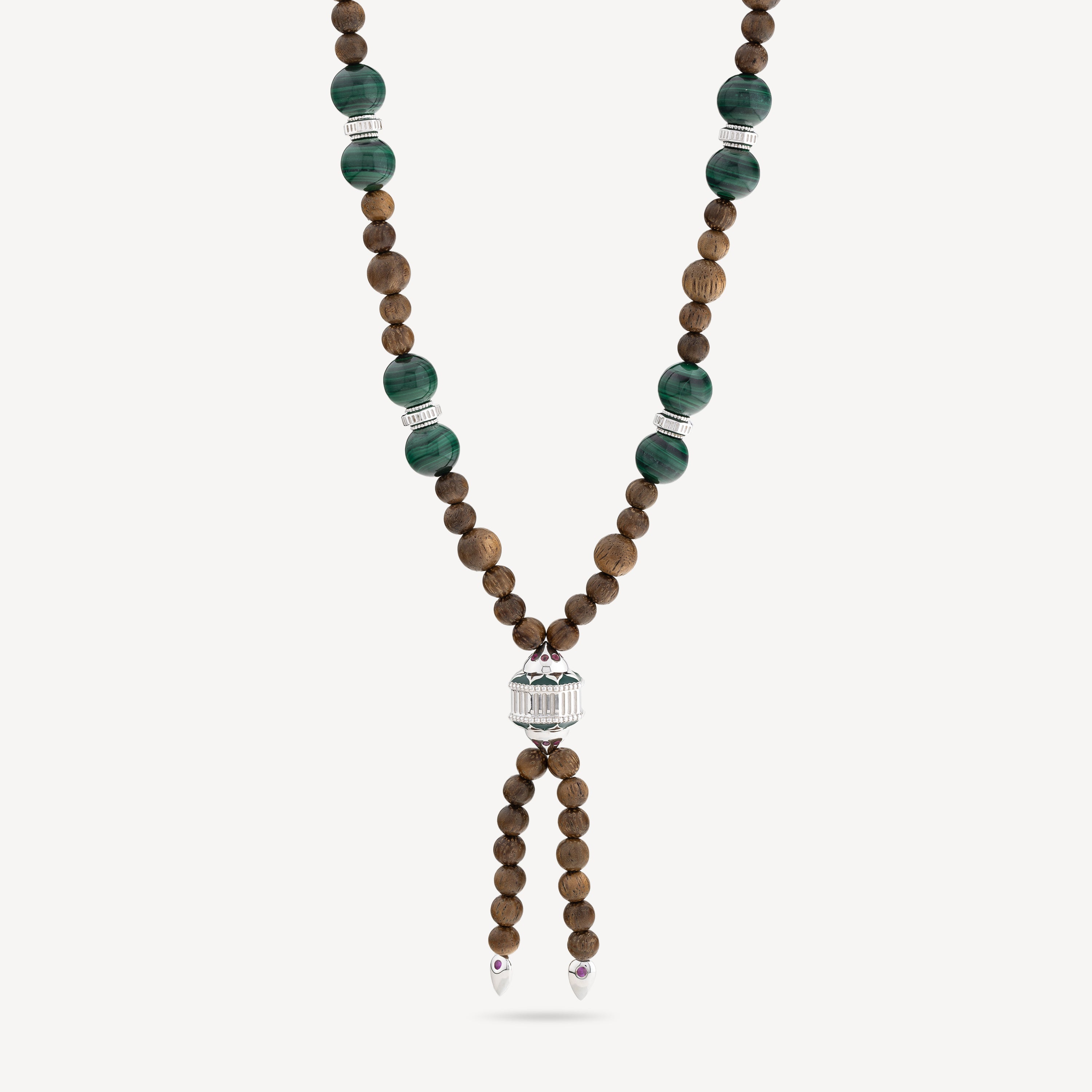 Necklace Mala Wood Tourmalines Malachite