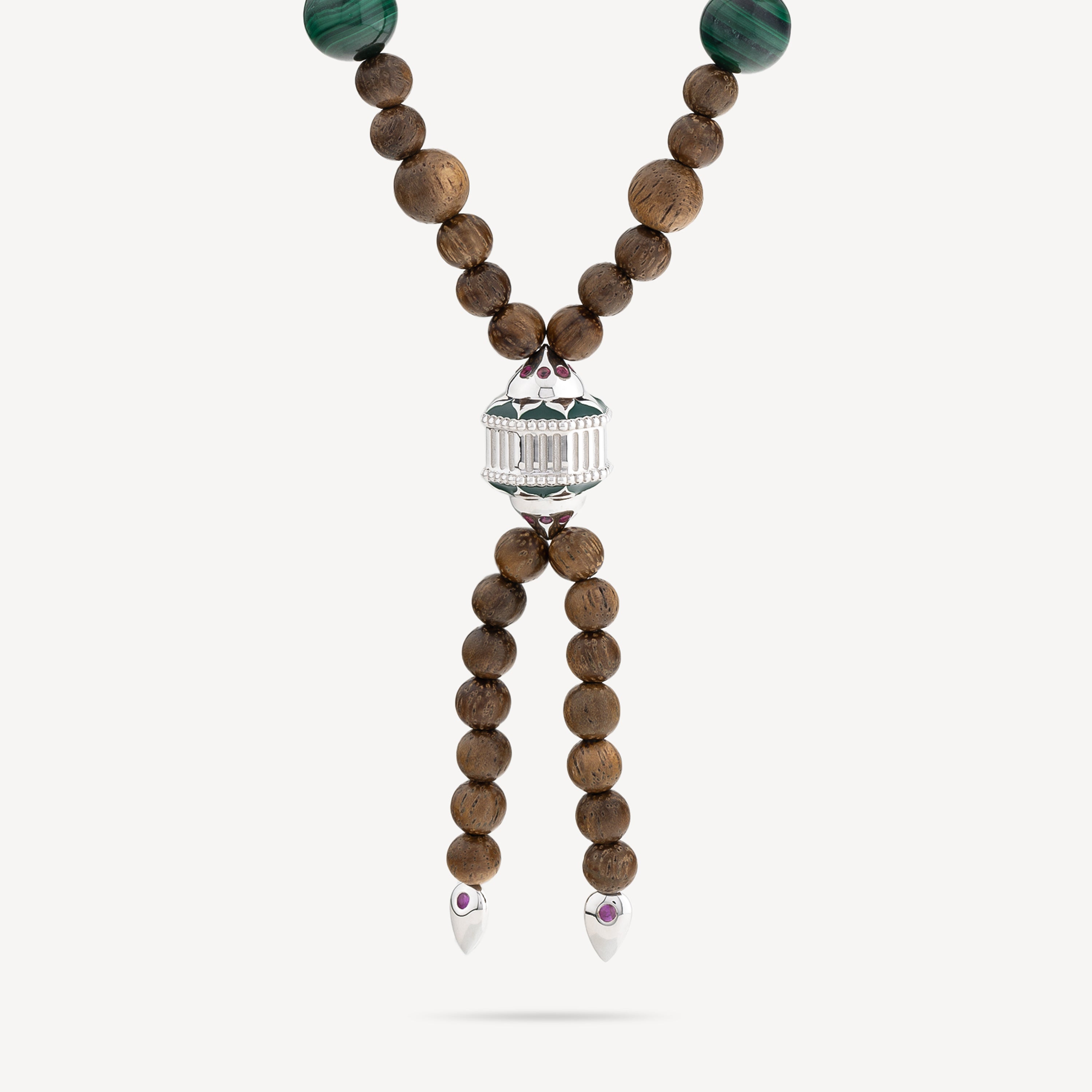 Necklace Mala Wood Tourmalines Malachite