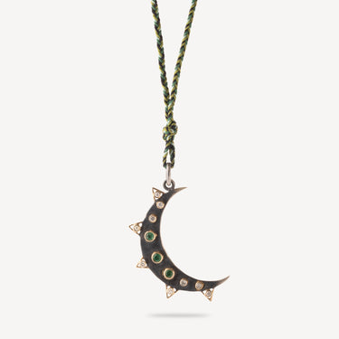 Collier Lune Argent Emeraudes