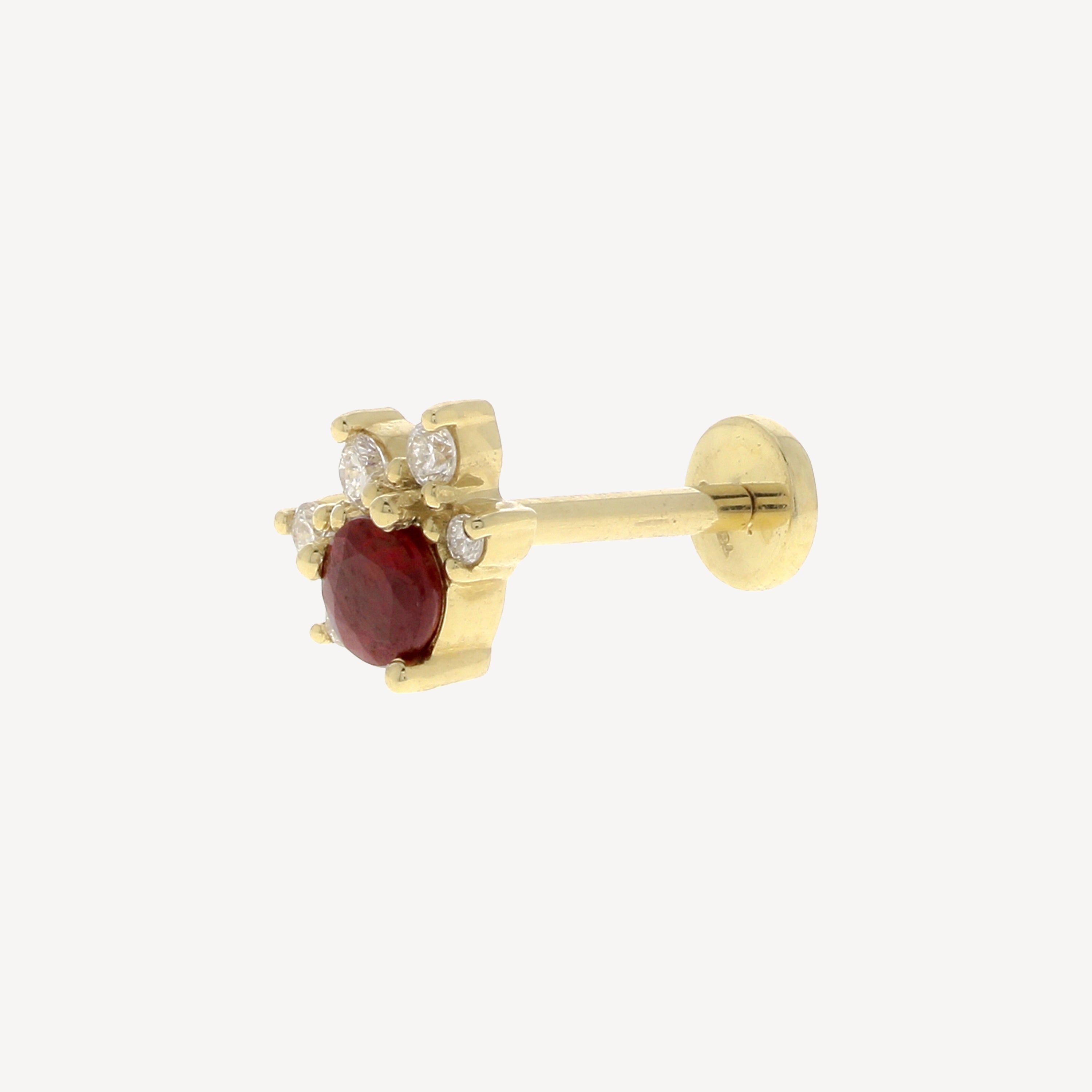 Piercing Stud Eye Center Ruby and Diamonds Yellow Gold