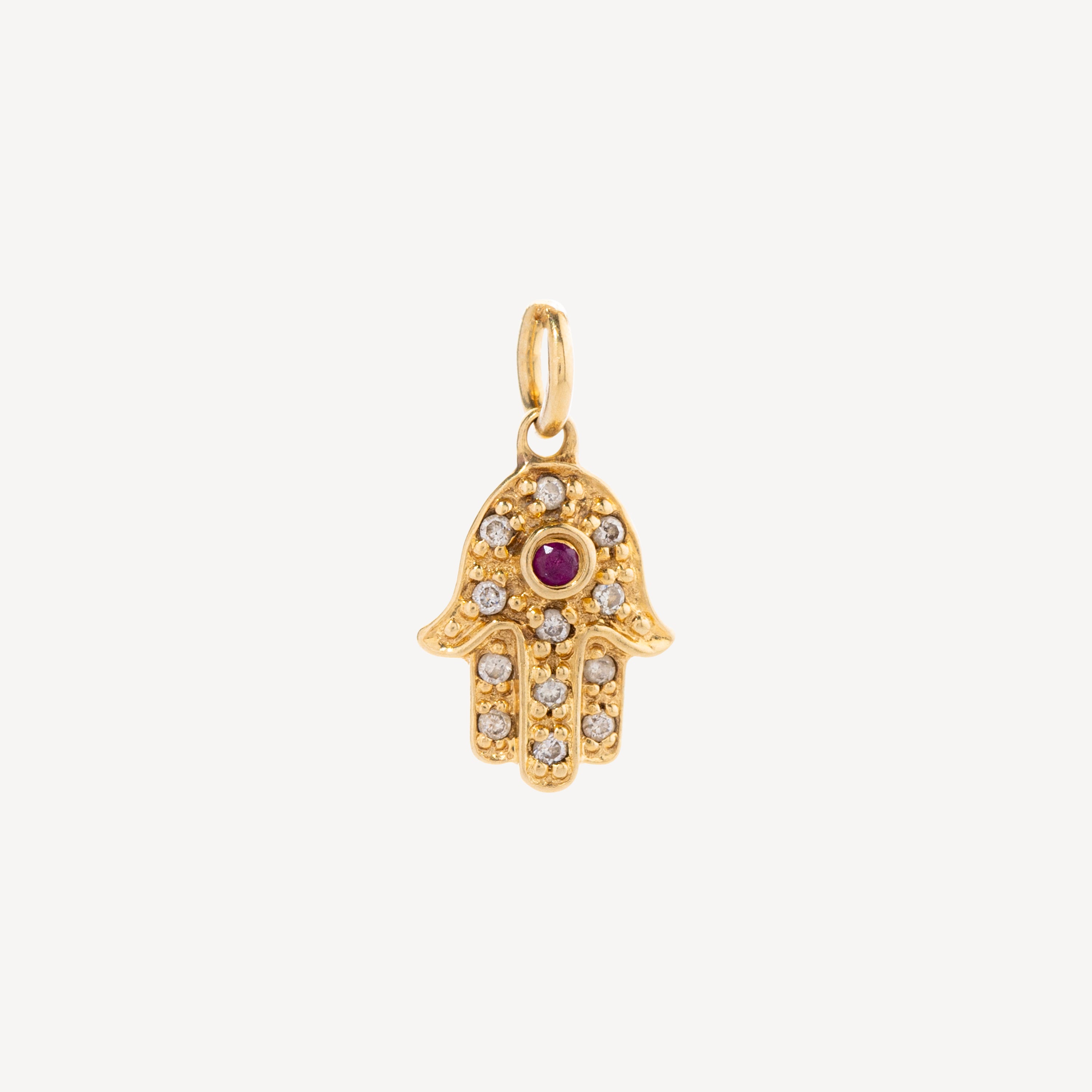 Hand Pendant Yellow Gold Paved with Diamond and Ruby