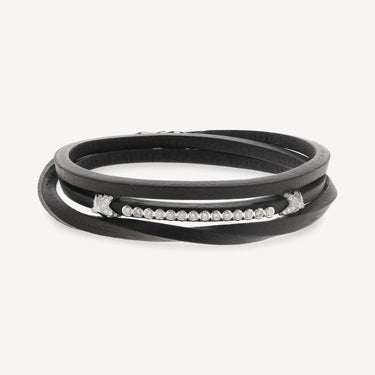 White Gold 2 Stars Black Leather Bracelet