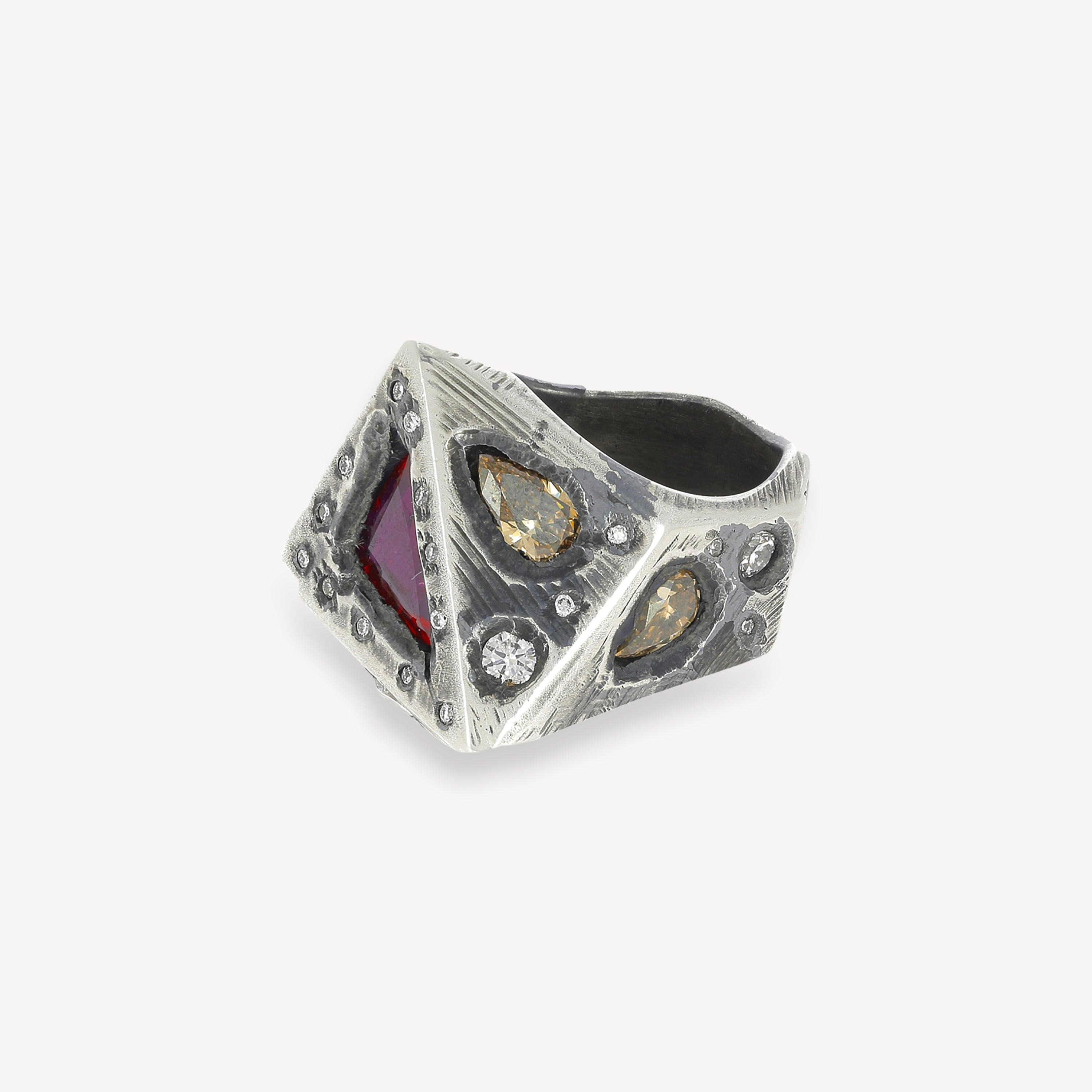 Geometric Ruby Ring Brown and White Diamonds