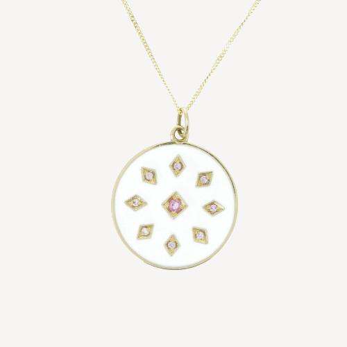 Pendentif Crete Saphirs Roses et Email Blanc