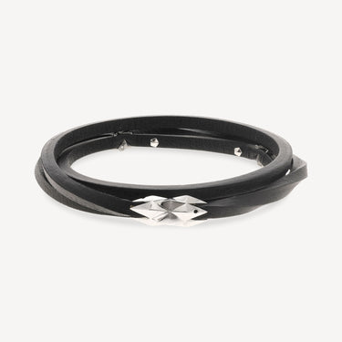 White Gold Bracelet 2 Stars Black Leather